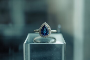 A front view of a sapphire ring featuring a teardrop-cut blue gemstone surrounded by a halo of diamonds
