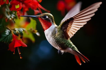 Fototapeta premium Ein Kolibri ist mit seinem langen Schnabel in einer Blüte