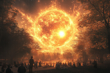 Fototapeta premium Gathering in the park as the sun unexpectedly ignites the sky with vibrant light. 