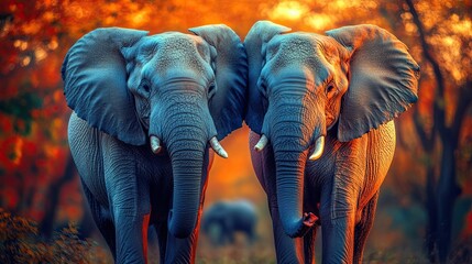 Elephants walk side by side in a vibrant sunset setting in the savannah highlighting their majestic presence