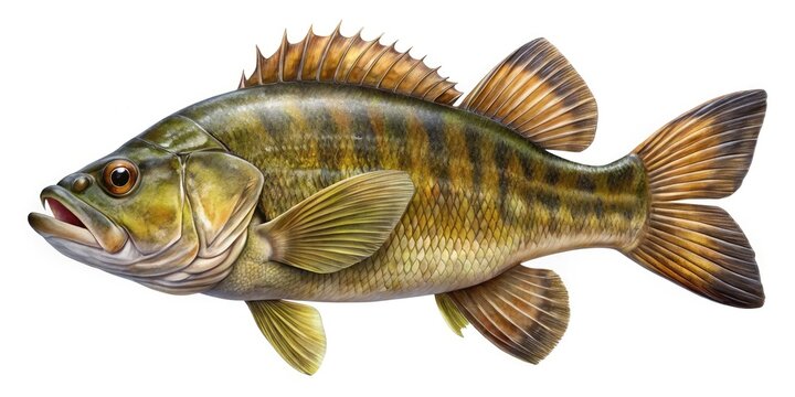 High-resolution AI-generated image: a realistic smallmouth bass in side profile, showcasing detailed scales and aquatic environment.