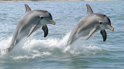 Dolphins leap gracefully above ocean waves while basking in sunlight during a serene day at the coast