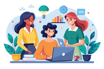 Three women engage in teamwork around a laptop in a fresh, modern office filled with plants and resources Women working together, illustrated flatly.