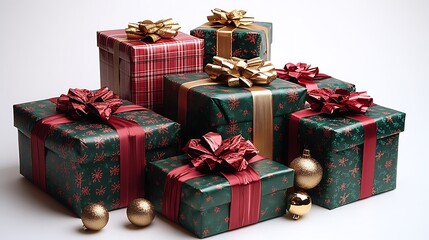 Obraz premium A vibrant arrangement of wrapped gifts in red and green with golden bows, scattered snowflakes, and small ornaments on a clean white background for a cheerful holiday feel. 