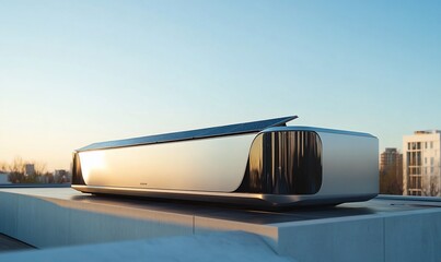 A sleek, modern solar panel system installed on a rooftop, reflecting sunlight.