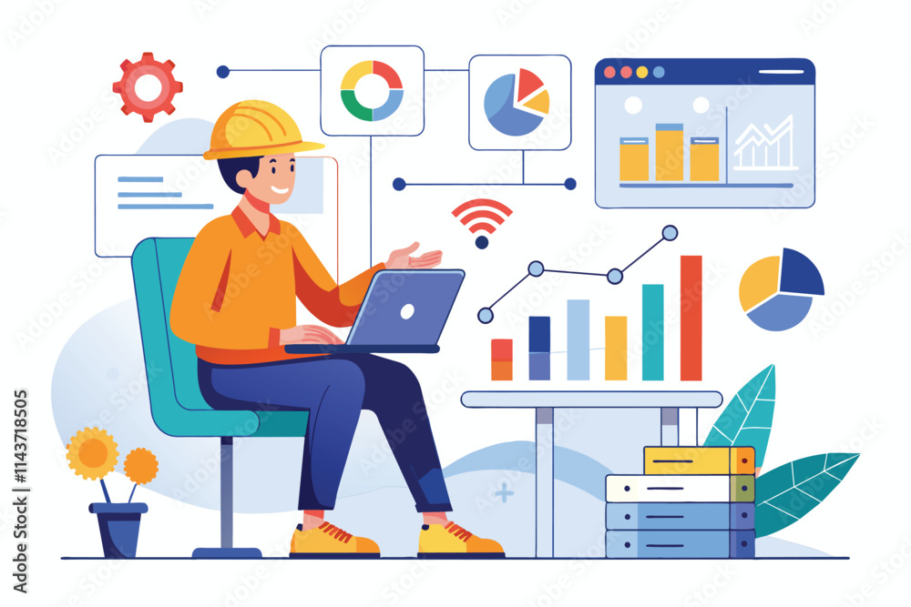 Poster a professional is engaged in analyzing digital data and graphs using a laptop at a workspace worker 