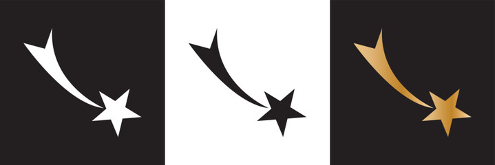 Falling star icon. Gold, black and white shooting star. Vector illustration. isolated on white and black background. EPS 10