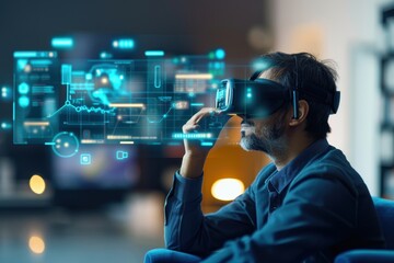 A person using a virtual reality headset, engaged with digital interfaces and data visuals, immersed in an interactive tech experience.