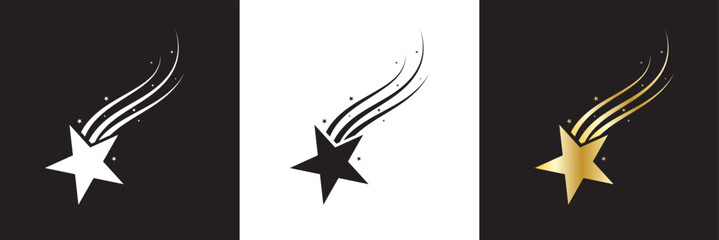 Falling star icon. Gold, black and white shooting star. Vector illustration. isolated on white and black background. EPS 10