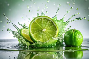 High-resolution photo: vibrant lime juice splash against a pristine white background.