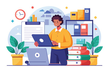 A person is organizing documents on a laptop, surrounded by books and plants in a vibrant office space Worker organizing documents and data, flat Illustration