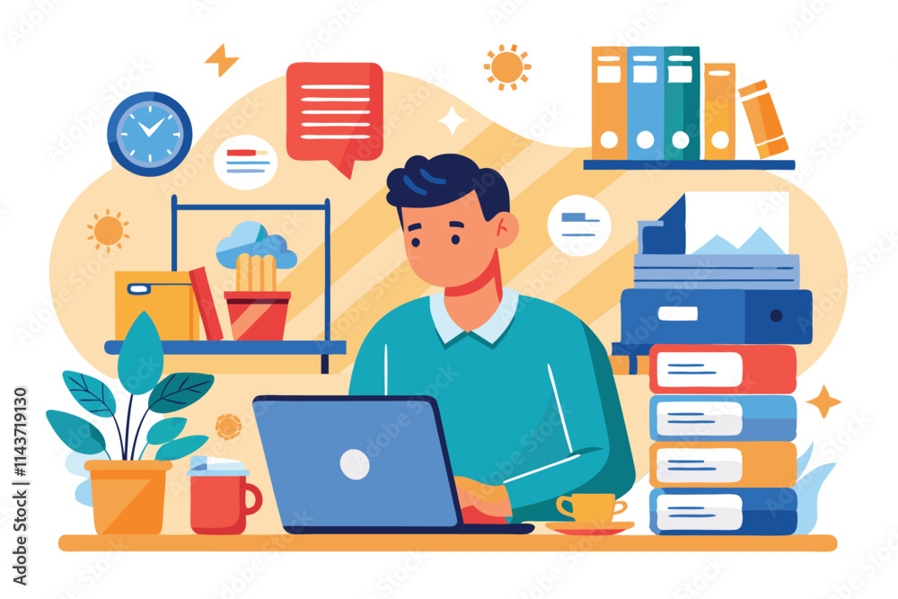 Poster a worker is focused on organizing various documents and data using a laptop at a tidy desk worker us