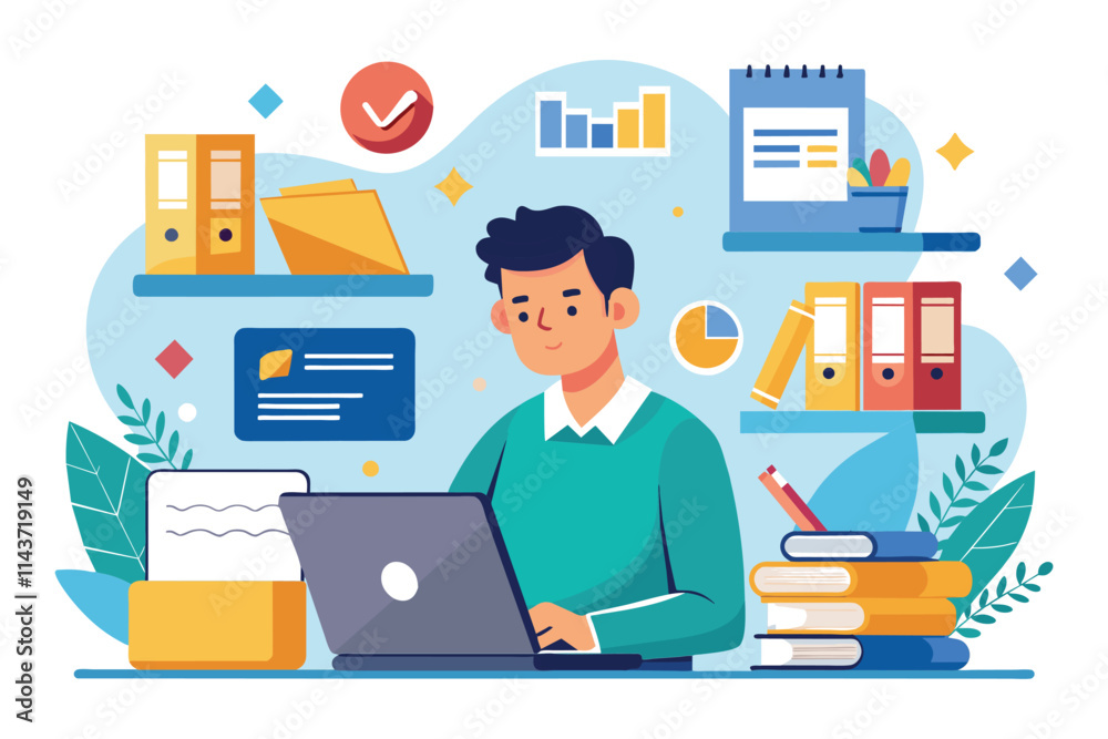 Poster a person focuses on organizing files and data efficiently at a clean and organized desk worker using