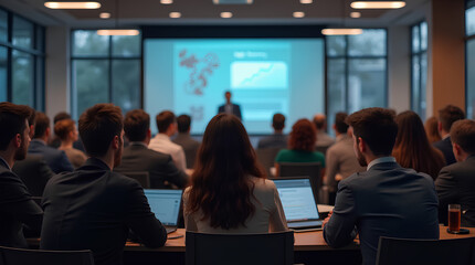 A group of business professionals gathered in a seminar, attentively watching a digital presentation. The scene captures the atmosphere of a formal corporate environment
