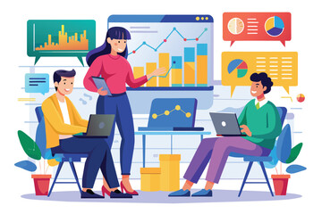 A group of three workers engage in lively discussion about stock charts while analyzing data on laptops Workers discussing stock charts using a flat illustration.