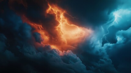 Obraz premium black storm cloud with red sparkle light of lightning in the middle of cloud 