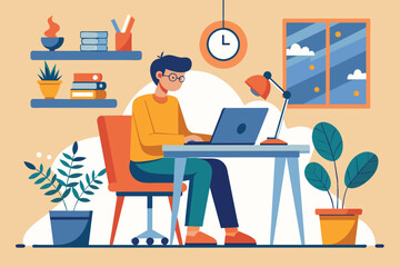 A person is focused on their laptop at a tidy home office, surrounded by plants and books Working from home, simple drawing