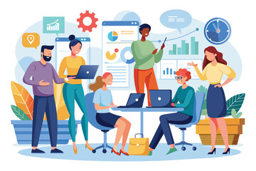 A diverse group of professionals works together in a bright office, sharing ideas and collaborating on projects Working together to reach business goals, simple picture