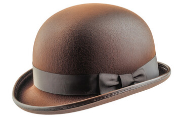 Obraz premium a brown felt bowler hat with a black ribbon and bow the hat is isolated on a transparent background