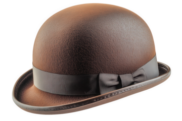 a brown felt bowler hat with a black ribbon and bow the hat is isolated on a transparent background