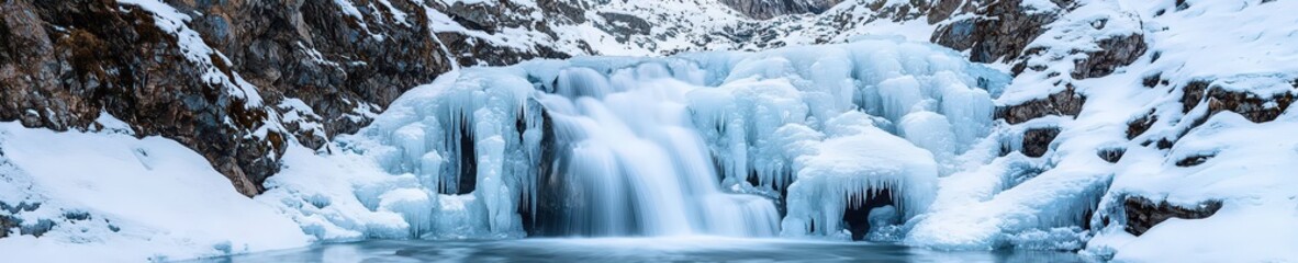 A frozen waterfall cascading down jagged icy rocks.
