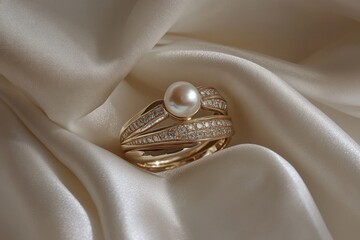A set of gold rings featuring diamonds and a pearl centerpiece