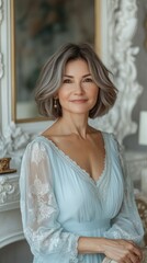 Fototapeta premium Elegant mature woman wearing light blue dress with lace in luxurious interior