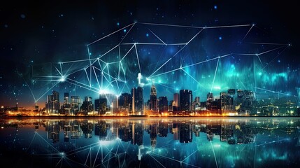 Modern city with wireless network connection and city scape concept.Wireless network and Connection technology concept with city background at night