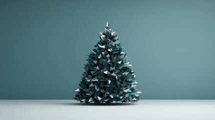 Abstract teal and silver geometric Christmas tree on white floor against a teal background.