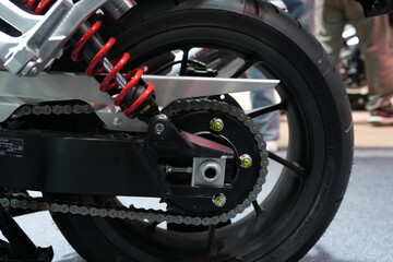 Motorcycle rear wheel on display at an auto show in Bangkok, Thailand, photographed on December 8, 2014.