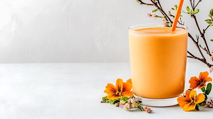 Vegan smoothies in pastel color, Bright Vegan Smoothie with Flowers and Pastel Background