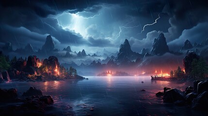 Fototapeta premium Night fantasy dramatic seascape, thunderstorm and lightning on the night sea. 