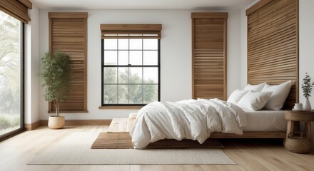 Obraz premium Serene Minimalist Bedroom Design With Wooden Accents