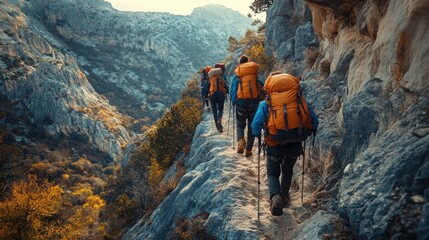 Group of hikers trekking along mountain path