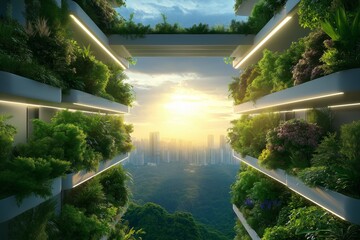 Massive Skyscraper With Lush Vertical Gardens. Green Architecture And Sustainable Urban Design. View Of City At Sunrise From Elevated Perspective. Eco-Friendly Innovation. AI generated