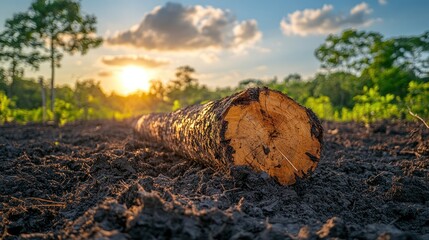 Obraz premium Sunset over a felled log in a deforested area.