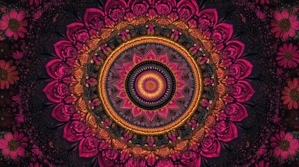 Fototapeta premium A vibrant pink and orange mandala with intricate details and a dark background.