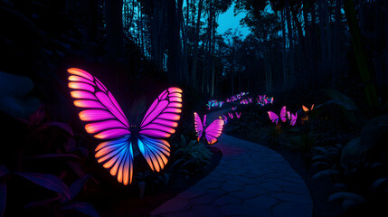 Luminous butterflies illuminate a tranquil path through a mystical forest at dusk, creating an immersive and enchanting atmosphere