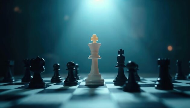 Chessboard King: A lone, illuminated white king chess piece stands tall on the board, surrounded by black pieces. The king is a symbol of authority and power.