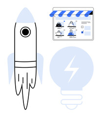 Tablet displaying an e-commerce website, rocket signifying launch, and light bulb indicating new ideas and energy. Ideal for tech, business startups, innovation, online shopping, entrepreneurship