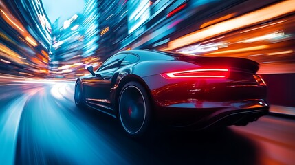 Fototapeta premium Fast sports car in motion through a city at night. Concept of speed, urban lifestyle, and modern transportation.