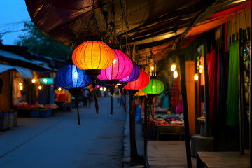 Colorful lanterns hanging under a canopy, lighting up a bustling night market street with a warm and inviting atmosphere