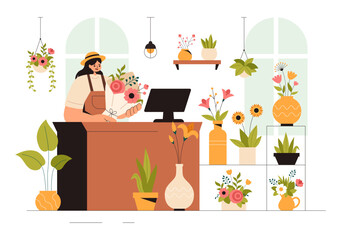 Professional Florist Working Vector Illustration featuring a Flower Store Creating Beautiful Gift Bouquets and Floral Trade in a Flat Style Background