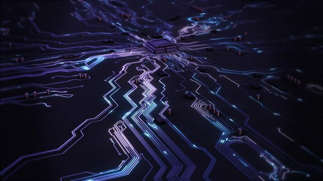Blue AI microchip Motherboard abstract circuit board Artificial Intelligence concept. Futuristic Polygonal CPU or semiconductor. Computer Processors CPU digital chip HUD elements. ai art technology