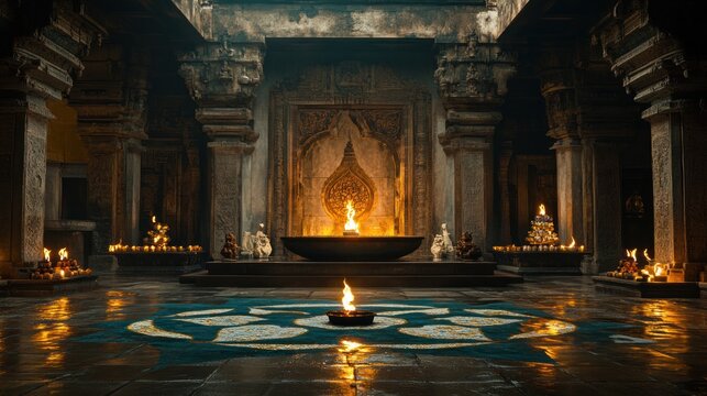 Ancient temple interior with lit candles and central flame.