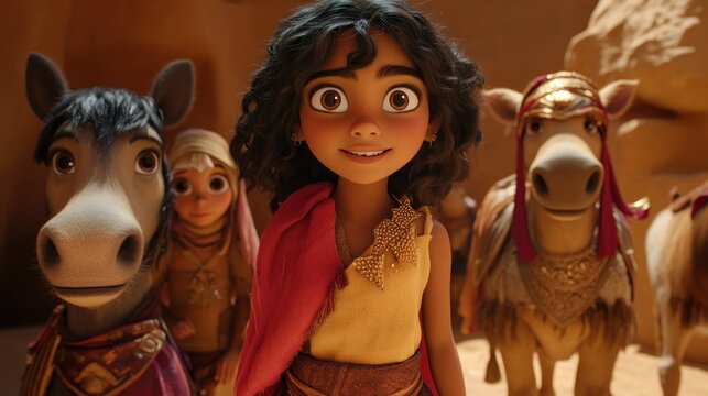 Animated girl with two horses in desert setting.