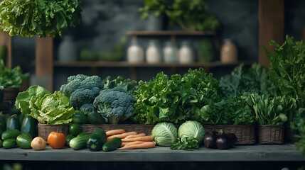Fresh vegetables and organic produce in rustic market setting
