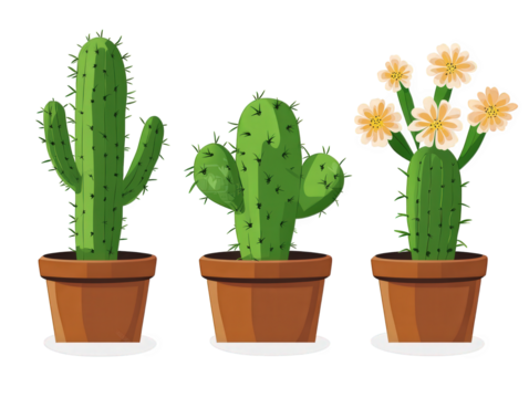 three potted cacti in a cartoon style. one with flowers