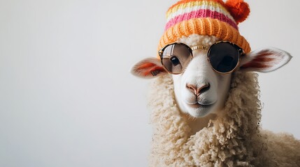 Playful sheep wearing sunglasses and hat studio photo fun vibe