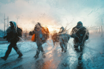 Fototapeta premium Escaping winter grip as icy tendrils creep along a busy highway. Generative AI
